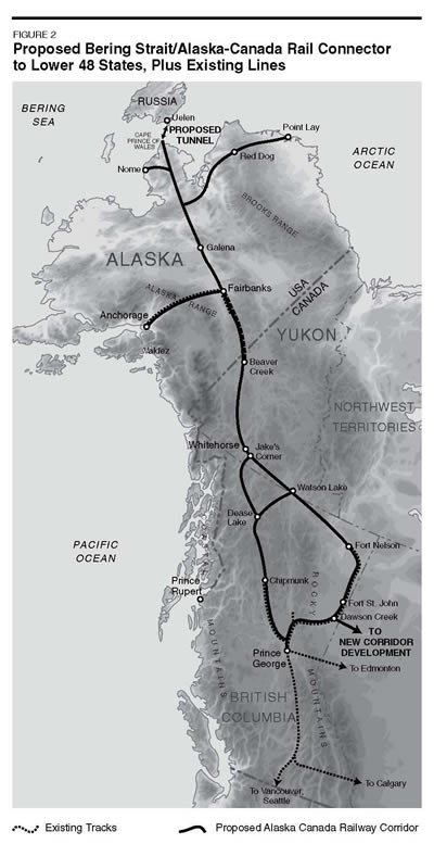 Map of rail route from Bering Strait to lower 48 states