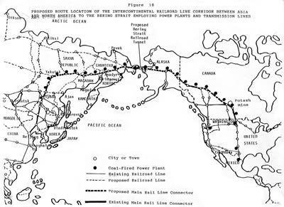Railroad line, Asia to U.S., with power plants